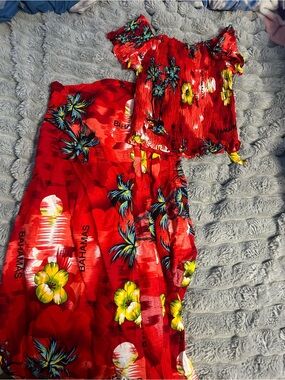 Shoreline Red Tropical Two-Piece Set with Yellow Floral Print